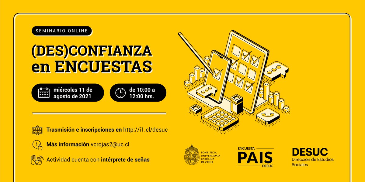 desuc_uc's tweet photo. 🛑SEMINARIO ONLINE (DES)CONFIANZA EN ENCUESTAS, este miércoles 11 de agosto a las 10:00 hrs. Inscripciones acá: https://t.co/w4Hrip4fcH https://t.co/Tz6WDbjmFe