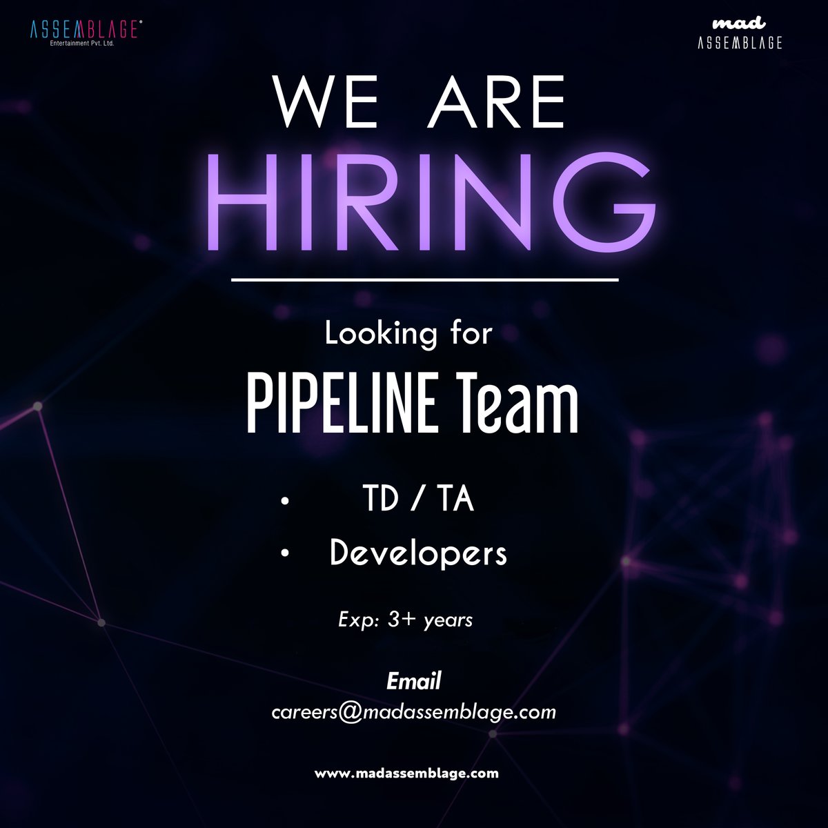 MadAssemblage's tweet image. Assemblage is Looking for highly experienced #PipelineEngineers. Exciting Lineup of #AnimationFeaturefilms #tvseries #Streamers #Webseries

Reach us at: careers@madassemblage.com