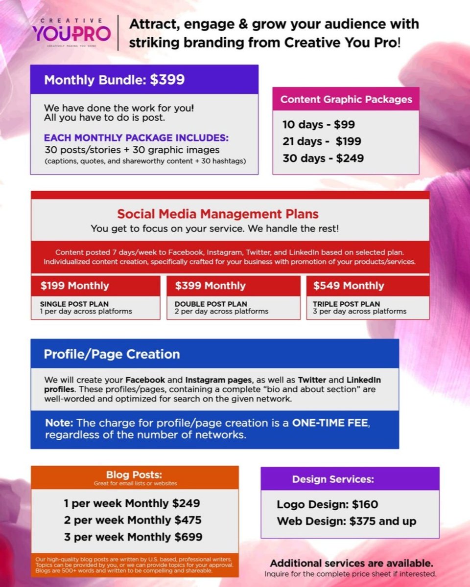 CreativeYouPro1's tweet image. Create an engaging social media presence for your business, blog, project or startup that will help you: - Grow your audience - Set yourself apart from your rivals - Attract quality followers
Choose Creative You Pro - We don't just make you stand out, we make you shine!