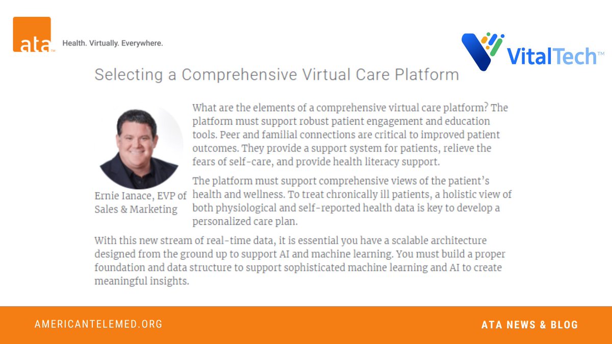 AmericanTelemed's tweet photo. Ready to select a comprehensive virtual care platform? @VitalTechInno's Ernie Ianace, EVP of Sales and Marketing shares the key elements your organization should consider in today's ATA blog: https://t.co/1T8BdIR71X
#GoTelehealth #TelehealthIsHealth #TelehealthBlog #virtualcare https://t.co/cGODZJObIS