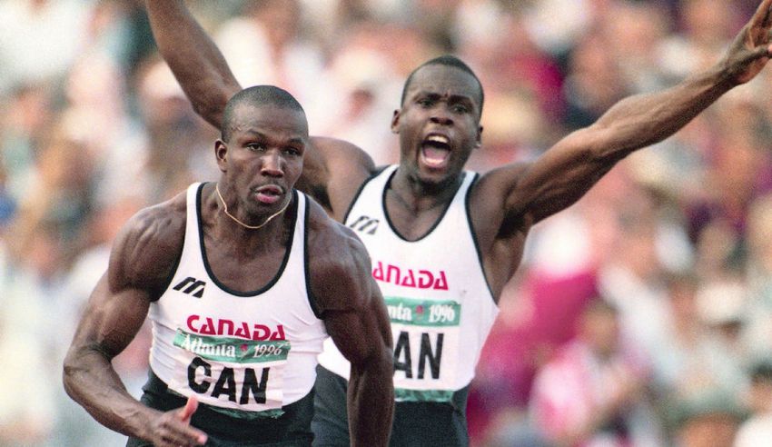 PTBCanada's tweet photo. 25 Years ago today, history was made as Canada won GOLD in Mens 4 x 100M relay:  Robert Esme, GlennRoy Gilbert, @BrunySurin and @donovanbailey. Relive the action – go to https://t.co/6CKpMJFXYU for all the feels.

❤️🥇🥇🥇🥇🇨🇦

 PC:  C. Andersen https://t.co/lk0m6SzxfB