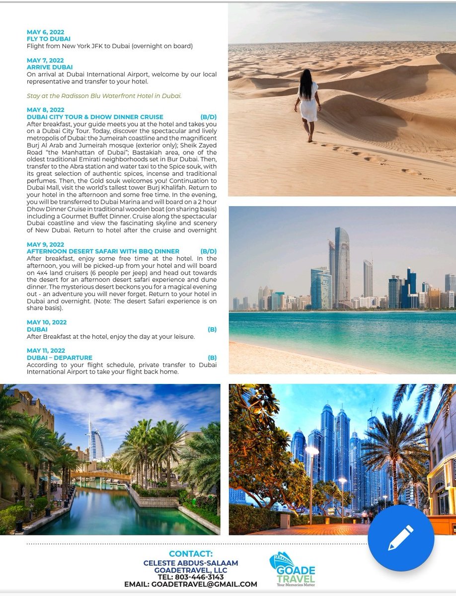 GoAdeTravel's tweet photo. Dubai in 2022. Great location, cost, and includes flights from JFK on Emirates. Looking forward to hosting an amazing group with marvelous people. Check it out and pay your low deposit today!
https://t.co/YSKg5iUhGt https://t.co/EkONWAHR6q