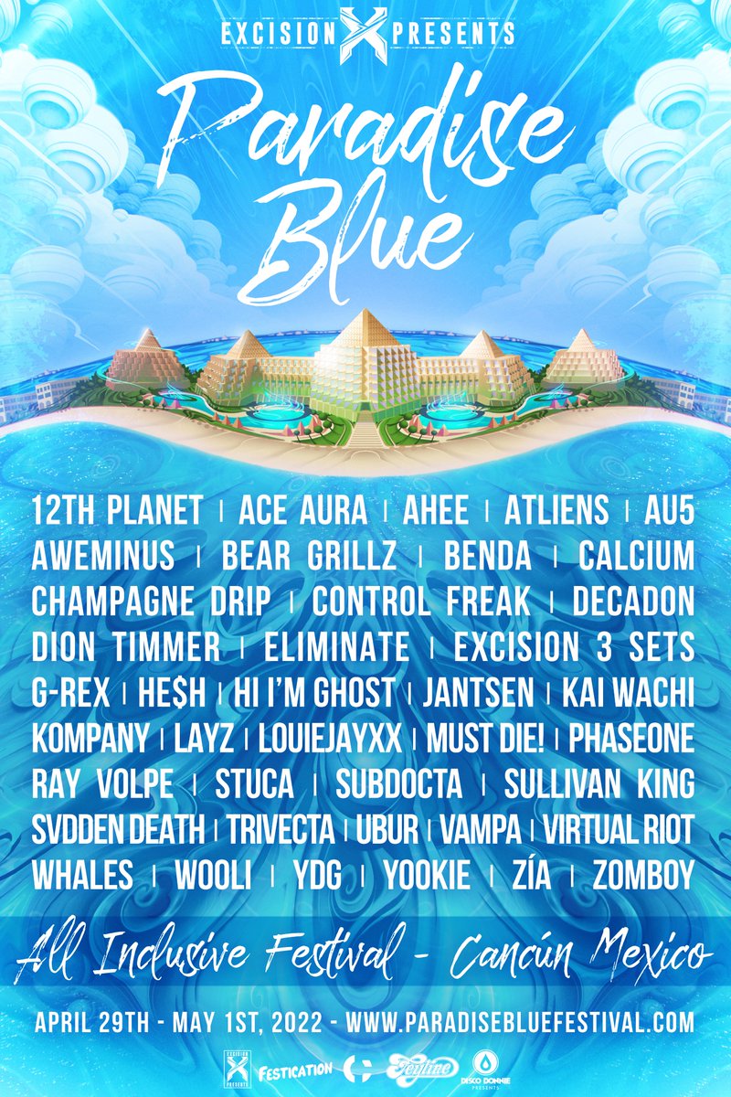 Excision's tweet photo. Headbangers, are you ready for the ultimate resort getaway? We’re talkin all food &amp; drinks included for 3 days and nights of headbanging to heavy bass with all your friends together on the beach in sunny, beautiful Cancun! https://t.co/7FVPIvazFQ https://t.co/LW5ijusyE3