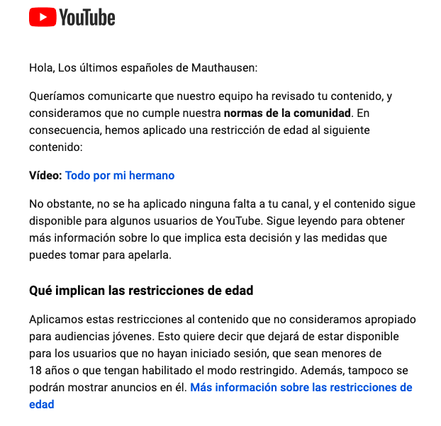 La plataforma @youtube CENSURA las entrevistas que realicé a los últimos supervivientes españoles de los campos de concentración nazis. Dicen que "no son apropiados" para menores de 18 años. Luego nos escandalizamos de que los chavales no sepan lo que fue el Holocausto 😪 (hilo)