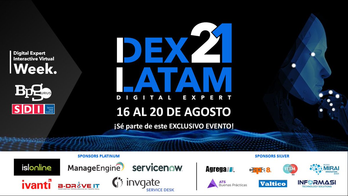 Estamos a pocos días de que inicie #DEX21LATAM, la semana virtual interactiva. Un espacio para que los líderes de TI fortalezcan su visión con lo último en tecnologías avanzadas y mejores prácticas. ¡No te quedes fuera! 
Regístrate GRATIS aquí 👇
bit.ly/3isugn4