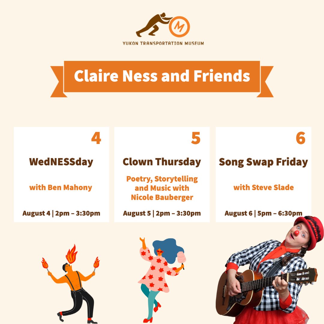 Are you ready for another exciting line-up this week with Claire Ness and Friends?
🎵 Music with Ben Mahony
🎠 Clowning around with Nicole Bauberger
🎤 Song Swap Friday with Steve Slade
#YukonEvents #ExploreYukon #WhitehorseYukon