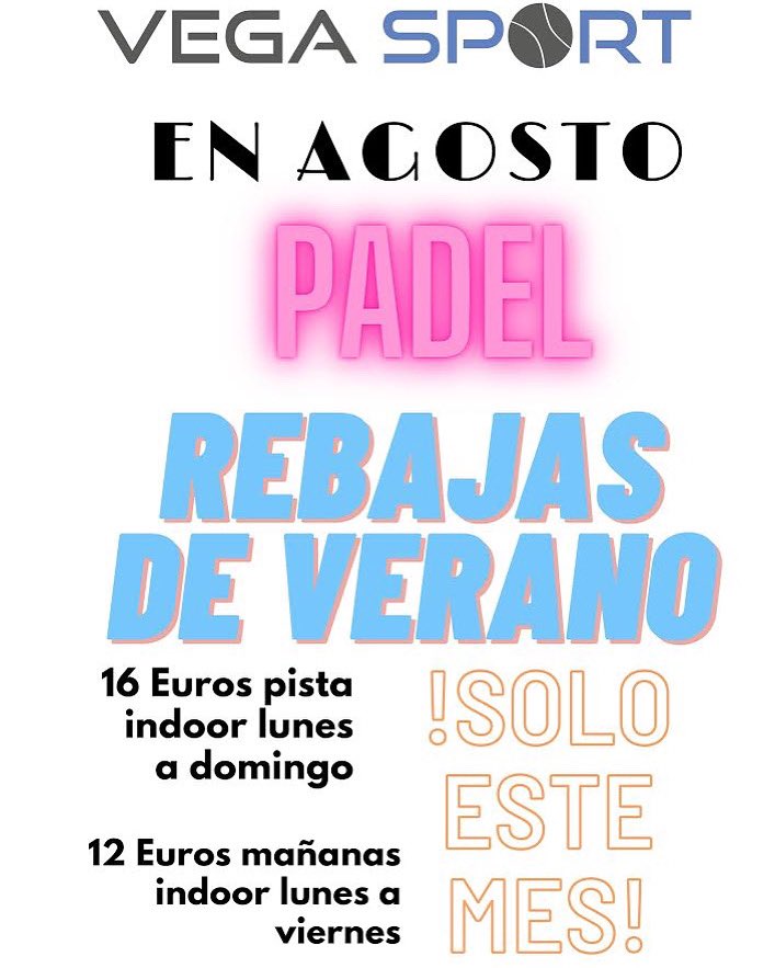 Este mes d agosto juega al pádel con la mejor tarifa plana de valladolid. 
Martes a viernes mañana de 10:00h a 14:00h 12€/hora y media.
Lunes a viernes de 17:00 a 23:00h a 16€.
Sábados y domingos 16€/hora y media.