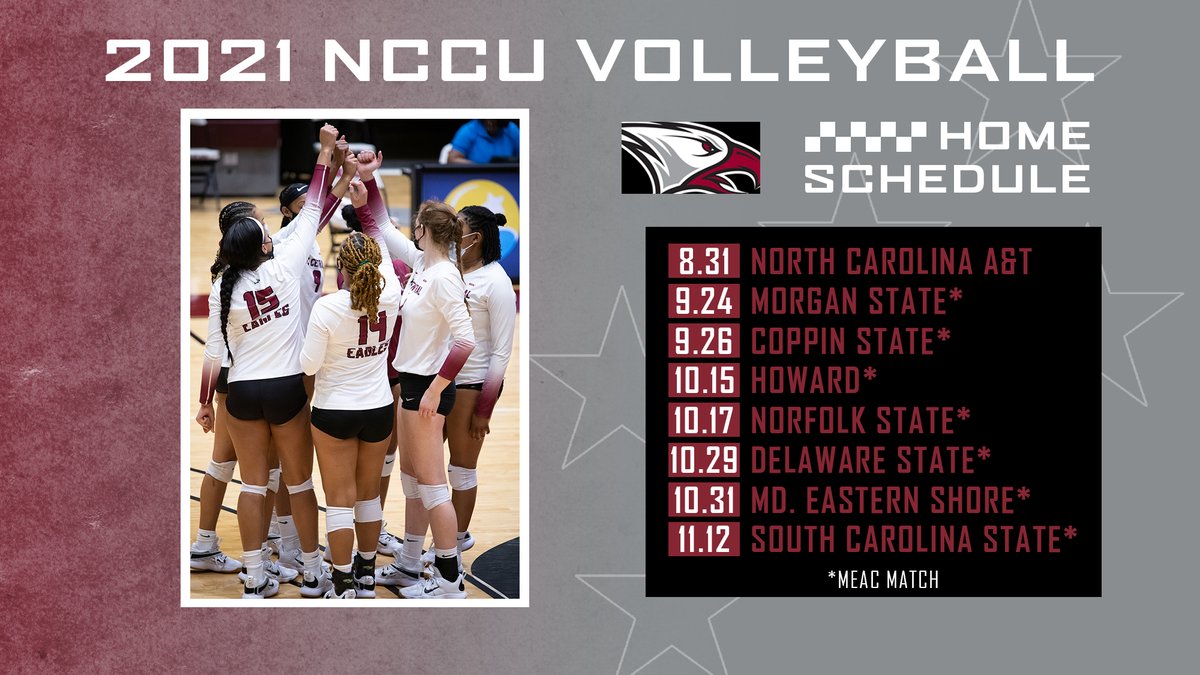 NCCU Athletics (@nccuathletics) on Twitter photo The <a href="/NCCUVolleyball/">NCCU Volleyball</a> program has announced its 27-match schedule for the fall of 2021, including eight home matches. First home match is Aug. 31 vs. N.C. A&T.
FULL DETAILS:
nccueaglepride.com/news/2021/8/3/…
#EaglePride #EagleEra The <a href="/NCCUVolleyball/">NCCU Volleyball</a> program has announced its 27-match schedule for the fall of 2021, including eight home matches. First home match is Aug. 31 vs. N.C. A&T.
FULL DETAILS:
nccueaglepride.com/news/2021/8/3/…
#EaglePride #EagleEra