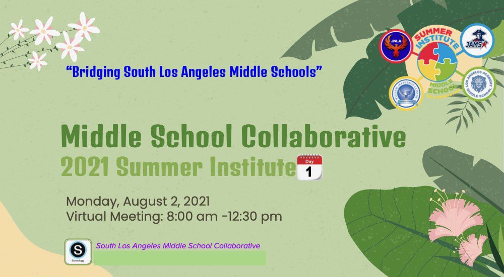 drjnla's tweet photo. Summer Institute 2021 Day 1: Bridging South  LA Schools. Collaboration with @drjnla, LAAMS, JAMS, and Clinton MS. @FrancesBaez10 @lausd_ldc  @LASchools @Elizabe67730635 @boarddistrict2 #joyfuldisruption #MLG https://t.co/k4pH1GDMOU