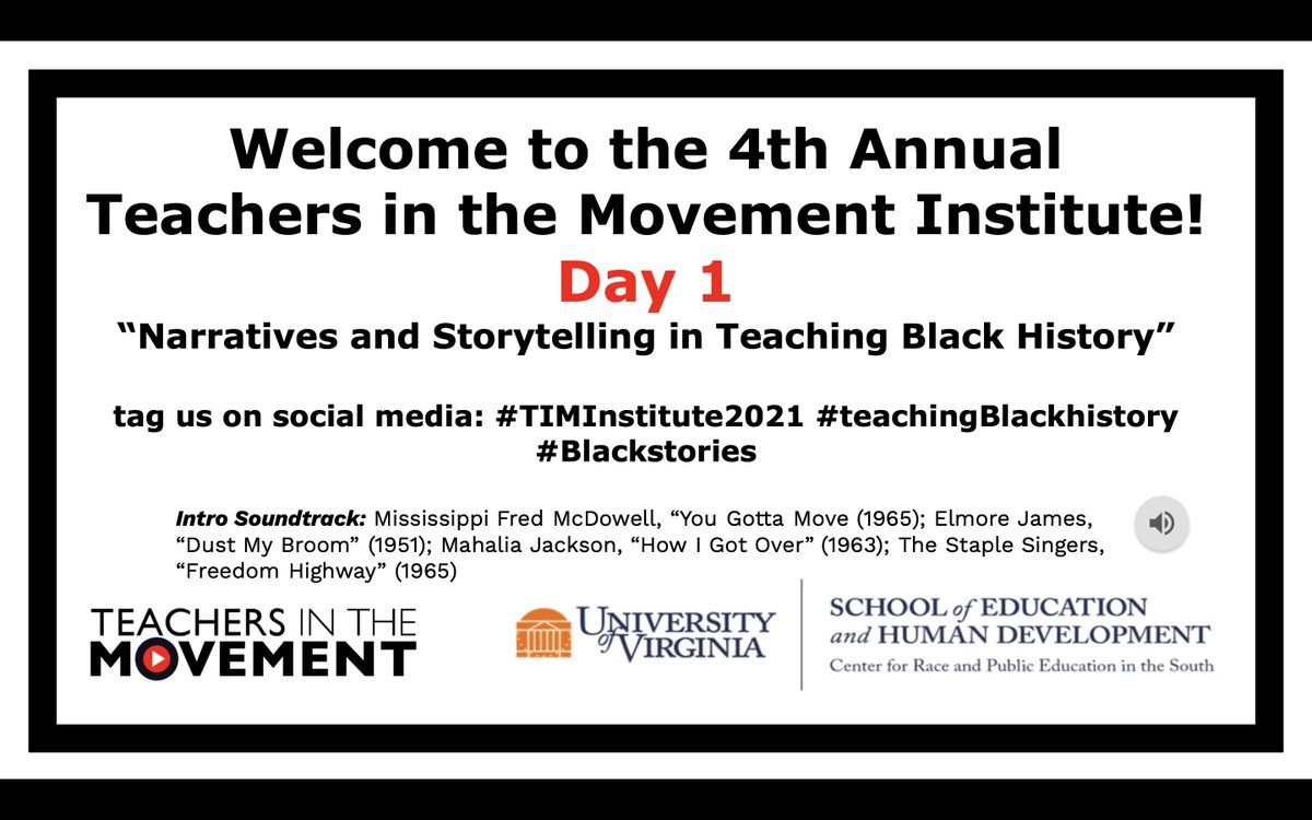 We will be kicking off Day 1 of #TIMInstitute2021 focussed on 'Teachers in the Movement from Past to Present' shortly! We have an awesome lineup of presenters & are looking forward to an engaging session! #TIMInstitute2021 #teachingBlackhistory #Blackstories