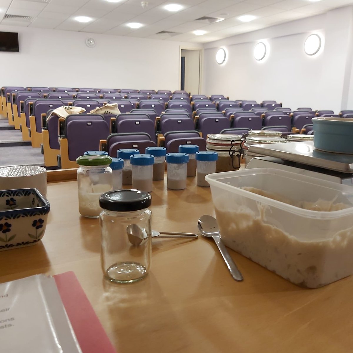 Set up for one of David Carter’s ever-useful sourdough Q &amp; As and demos this evening. We’ll never forget @breadmatters reminding us in the early days that our starter was “not a person that was in danger of being killed.”