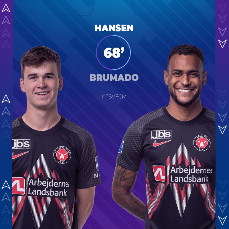 fcmidtjylland's tweet photo. 67' | Substitution

➡ Hansen
⬅ Brumado

#PSVFCM | 3-0