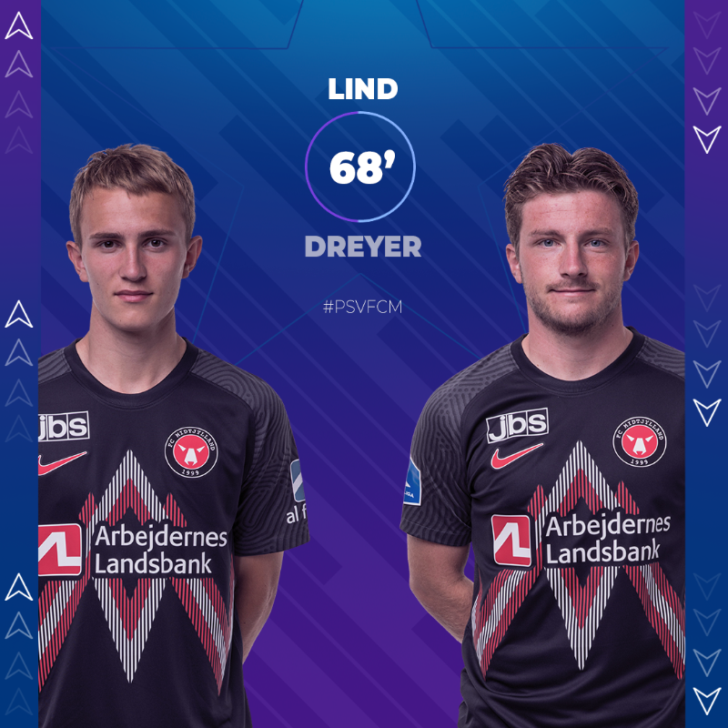 fcmidtjylland's tweet photo. 67' | Substitution

➡ Lind
⬅ Dreyer

#PSVFCM | 3-0