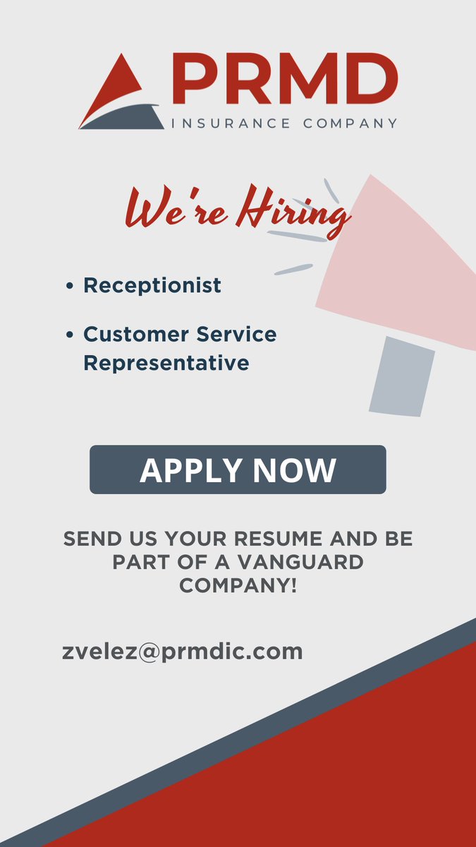 PRMDInsurance's tweet photo. We're Hiring! Join our vanguard company and be part of an amazing team!

Send us your CV or visit our Indeed page and explore all the opportunities we have to offer.

Indeed Page link: https://t.co/43JPSAcCDm

#Hiring #PRMD #malpracticeinsurance #nowhiring #joinourteam https://t.co/bTAvW3okcb
