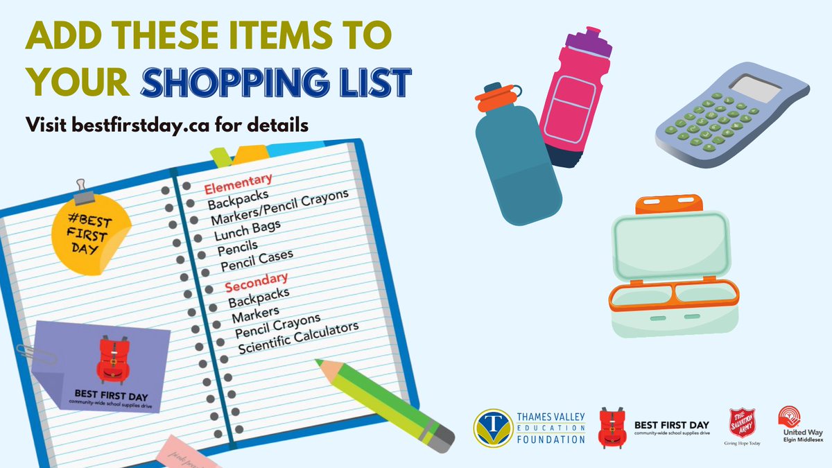 <a href="/TVDSB/">Thames Valley DSB</a> community, we need YOUR help! Add the following items to your list when shopping for #BestFirstDay! We're especially looking for water bottles, lunch boxes, and scientific calculators. Your donations are going directly towards #TVDSB students in need! #WeCare #ldnont