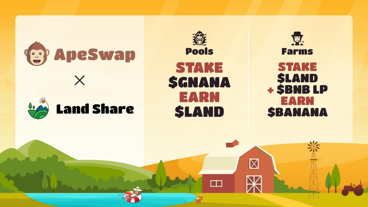 ApeBond's tweet photo. Welcome our newest partner @Landshareio to the Jungle 🌴

They're bringing Real Estate to the Blockchain 🏘️

📈 $LAND listed on #ApeSwap
💦 Stake $GNANA earn $LAND
🚜 Stake $LAND + $BNB  LPs earn $BANANA https://t.co/nmBTSrBpah