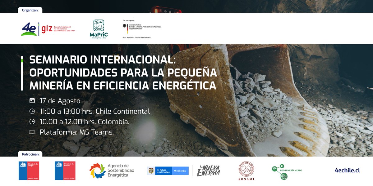 [17 AGOSTO] WEBINAR INTERNACIONAL: “OPORTUNIDADES PARA LA PEQUEÑA MINERÍA EN EFICIENCIA ENERGÉTICA”. El objetivo es demostrar las oportunidades existentes en la incorporación de tecnologías de eficiencia y gestión energética. +info e inscripciones: lnkd.in/eMZTXSs