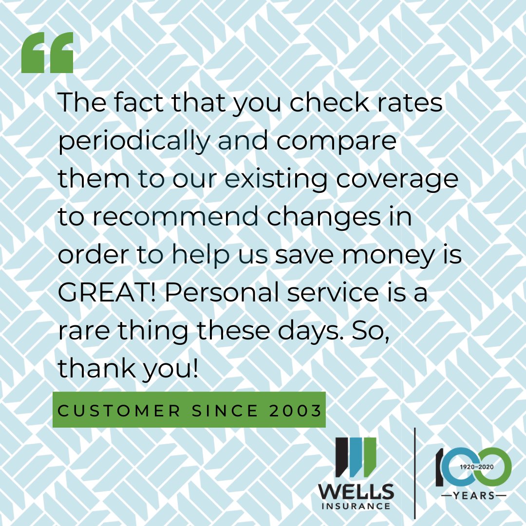 HWWellsIns's tweet photo. Wells doesn't just help you get the best coverage initially, we make sure your rates are continuously the best for your existing coverage!

#TestimonialThursday #WellsProtected #theWellsWay https://t.co/hRENGh0peB