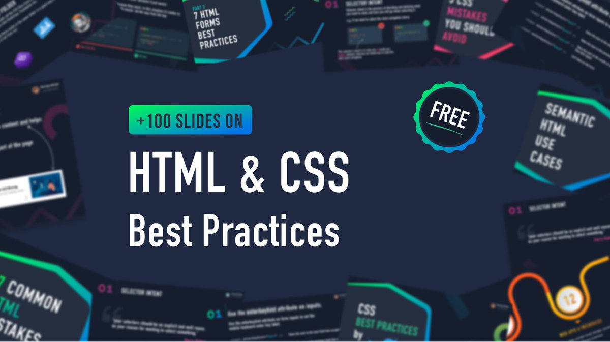 _georgemoller's tweet image. Hi everyone 👋, I just wanted to let you know that I collected more than 100 of my slides on HTML & CSS best practices and put them together on a FREE bundle.
You can grab it on Gumroad now, link below 👇