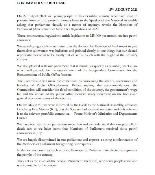 YourKayBol's tweet photo. We're hugely disappointed in our Parliament and express strong condemnation of the Members of Parliament for ignoring our request that they should, as a matter of urgency, revoke regulations which entitle them to M5,000 per month tax free petrol allowances. https://t.co/XbdAJkHCLs