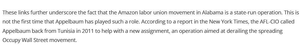 Ergoat's tweet photo. I fully support the workers in #Bessemer in their efforts to unionize.
That said, we really need to look into the AFL-CIO and the #RWDSU president Stuart Appelbaum. He makes over $300K a year, and... remember the #99Spring, used to subvert Occupy? I sure do. Lo and behold: https://t.co/45TjvJ36p0