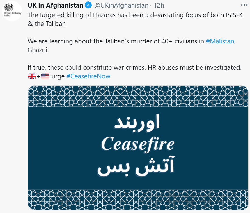 hazaranet's tweet photo. #Hazaras are 'PR bombed' by Western Embassies. It is a tactic to drown #Hazara voices.

#Taliban, incl. Kabul regime, involved in multiple #genocide of #Hazaras. Remember, #US released #GITMO5 #Taliban involved in #genocide of #Hazaras
https://t.co/XfHebBxIFL
#TwitterHazaras https://t.co/qW8Jfhjkww
