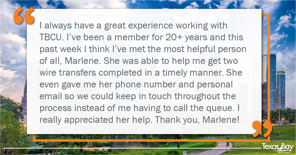TexasBayCU's tweet photo. Whether you are new to @TexasBayCU, or if youβve been a member for 20 years, we love blowing our membersβ away with our βββββ level of service that our members have come to expect of us! #MemberReviews #Expectations #LongTimeMember #MemberService #TopRated https://t.co/k4sSh5MulV