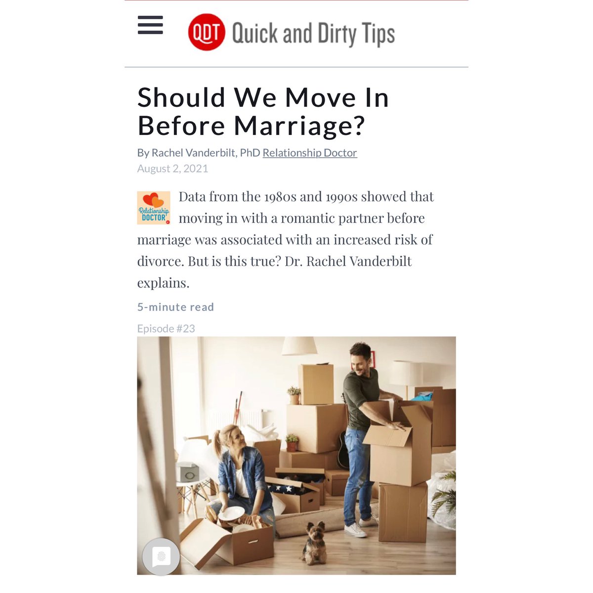 Super excited about my first podcast episode—I talk about the risks of living together with a partner before getting married and what to talk about before you do! <a href="/quickdirtytips/">Quick and Dirty Tips</a> #relationshipdoctorpodcast

You can listen anywhere you get your podcasts

quickanddirtytips.com/relationships/…