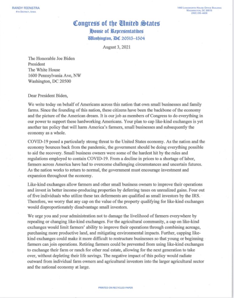 RepHarshbarger's tweet photo. I’m concerned about President Biden’s proposed changes to like-kind exchanges which would result in higher taxes for farmers & small businesses, harming our rural communities. I joined @RepFeenstra in sending a letter to POTUS urging him not to repeal #LikeKindExchanges. https://t.co/vgJ1uC69e7