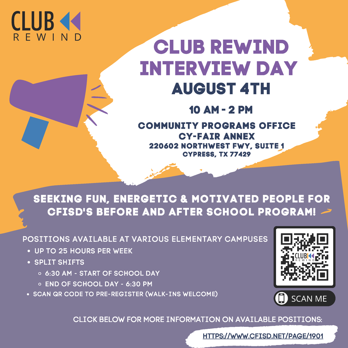 Join us for Club Rewind Interview Day tomorrow, August 4 to learn about working in the before and after school program at each CFISD elementary campus!