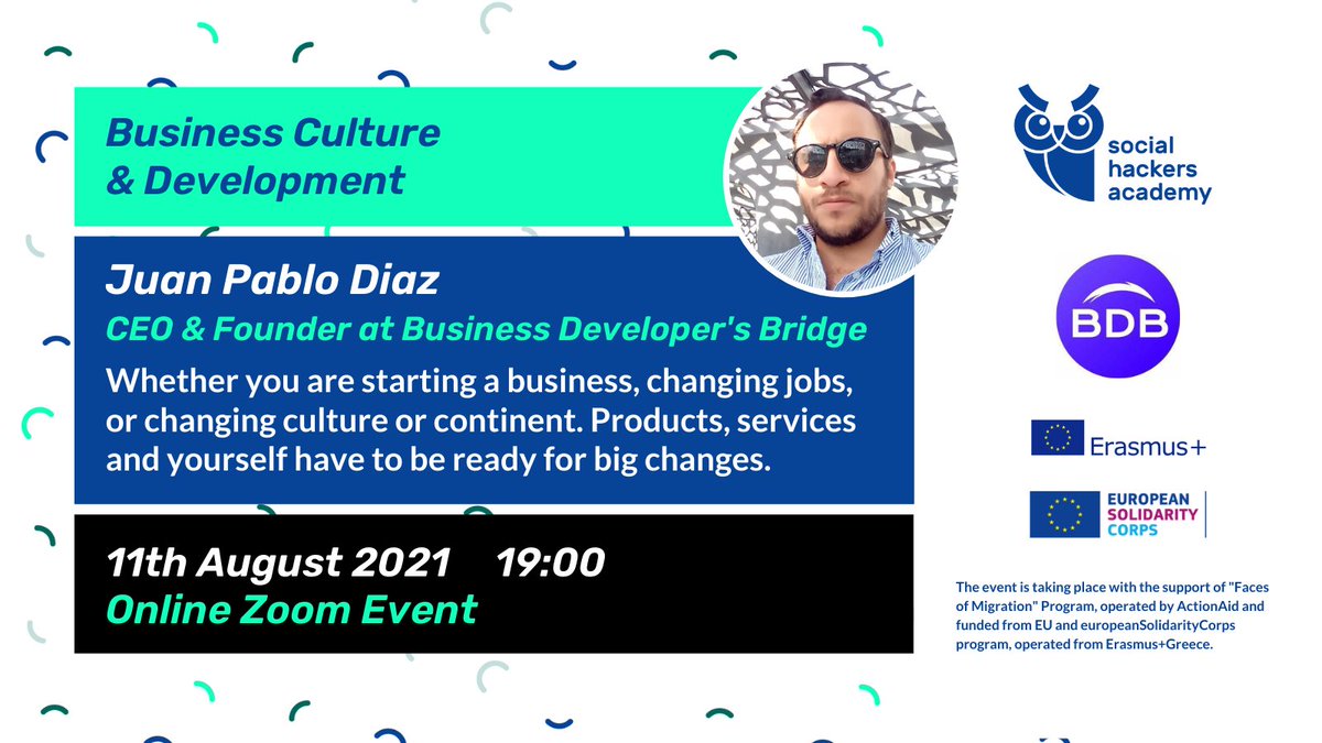 sochackacademy's tweet photo. Do you know how to #develop your #business? 👨‍💻

Our event with our guest Juan Pablo Diaz who is CEO &amp; Founder at @BDBagency. Are you excited? 
Now get ready to discuss with Professionals about Business #Culture and #development! 

#100DaysOfCode #WomenWhoCode https://t.co/KG9LFUUcfG