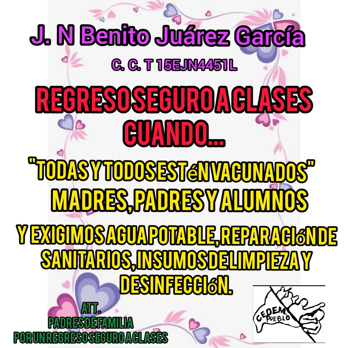 Josef46464149's tweet photo. Integrantes de la comunidad escolar del JN Benito Juárez García apoyamos un #RegresoSeguroAClases cuando las autoridades del 
@Edomex otorguen condiciones optimas para todos los miembros de la comunidad escolar. @geramonro05 @SergioGDF 
@TinocoGRogelio https://t.co/iKtoy09xw8