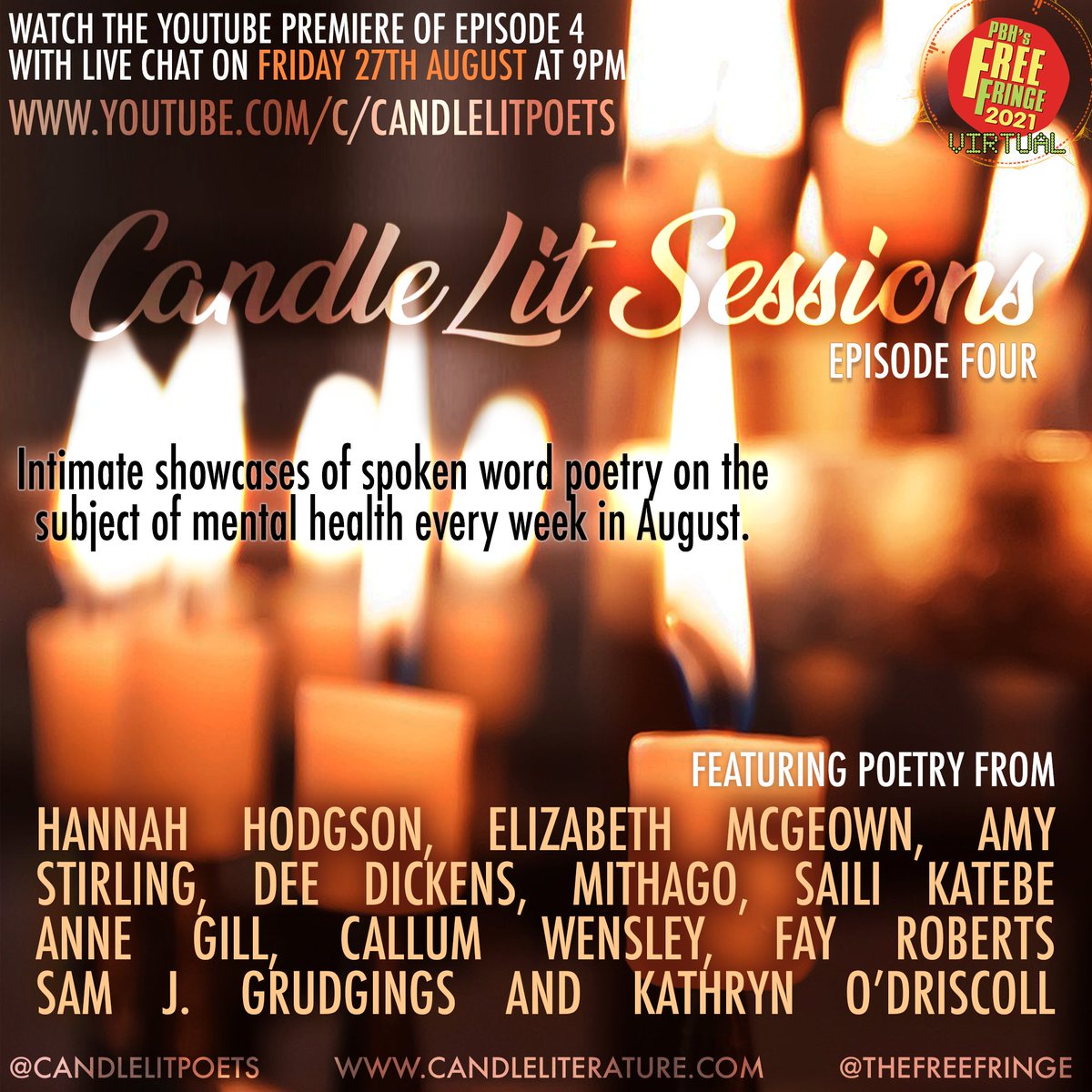 CandleLitPoets's tweet photo. TONIGHT! Episode four launching on August 27th at 9pm. Free. Amazing U.K. spoken word about a wide range of mental health issues. Join us at the live YouTube premiere at https://t.co/jleSjGNJee https://t.co/Jwxi6yCDnT