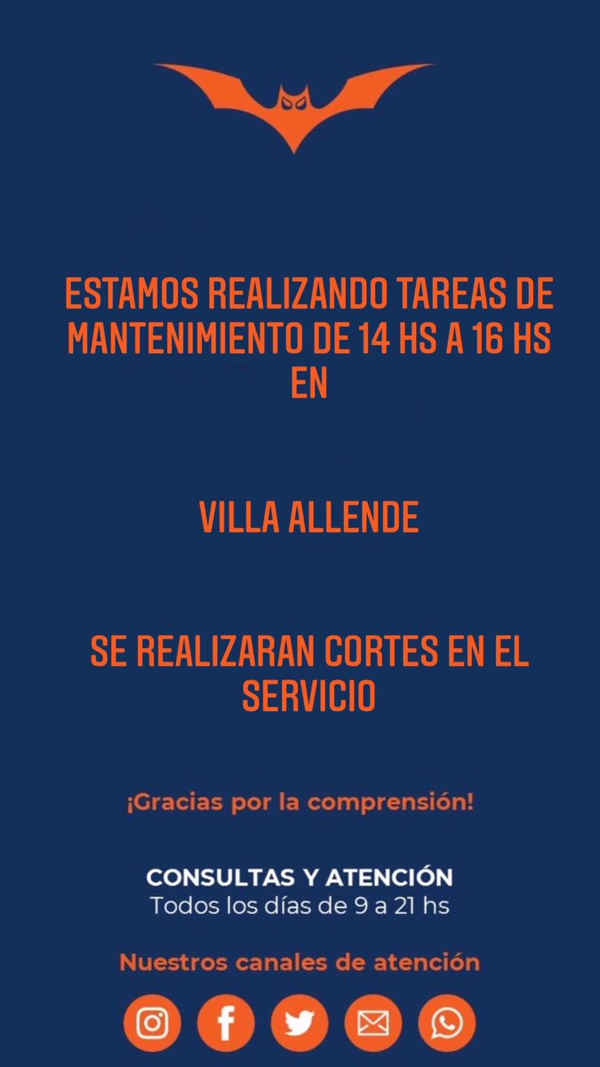 Estamos realizando tareas de mantenimiento de 14 a 16 hs en Villa Allende. Se realizarán cortes en el servicio. 
#TrabajosPorMejoras