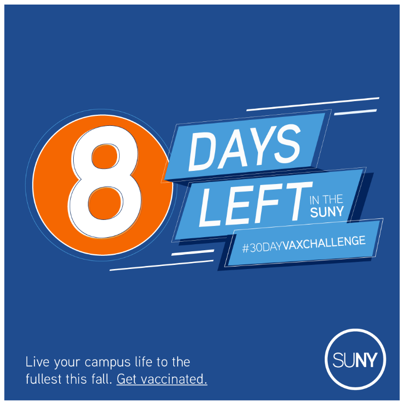 SUNY's tweet photo. Unvaccinated individuals are most at risk of serious illness and hospitalization from the changes in the COVID-19 variants. Don't take that risk. There's 8 days left in our #30DayVaxChallenge. Get vaccinated today and enjoy a safe return to college: