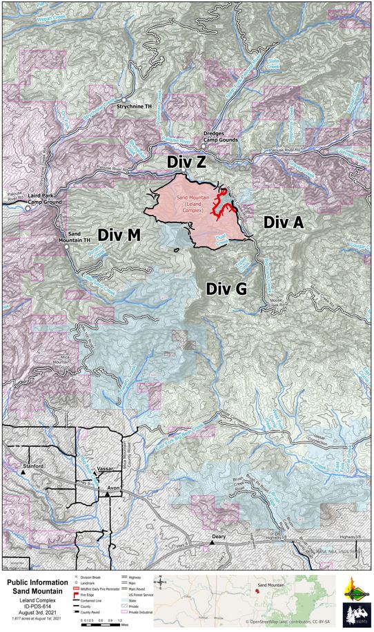 IdahoLands's tweet photo. #LelandComplex Update 8/3/21- containment jumps to 82% and 63% turning the corner on the #SandMountainFire #JhonsonCreekFire https://t.co/SmrDLGYk9a #IDLfireinfo #FireYear2021 https://t.co/kJl18v9V5k