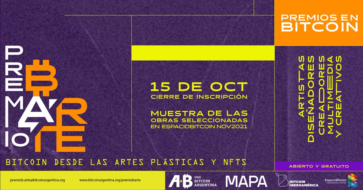 BitcoinAR's tweet photo. 🚀🎨 ¡Convocatoria abierta!

¿Qué significa #Bitcoin para vos?
🎭🖌Si sos #artista, #diseñador gráfico, diseñador #multimedia o creativo/a, te invitamos a participar de #PremioBArte, "#Bitcoin desde las #ArtesPlásticas y #NFTs". https://t.co/yJM6hXZJYA