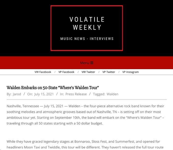 Walden (@waldentheband) on Twitter photo Huge thanks to <a href="/dayinrock/">Day In Rock</a>, <a href="/rocknloadmag/">R O C K ‘N’ L O A D</a>, and @volatileweekly for showing us some love and spreading the word about the #WheresWaldenTour! Tag a friend who should catch a Walden show on our 50 state tour 🚐 Huge thanks to <a href="/dayinrock/">Day In Rock</a>, <a href="/rocknloadmag/">R O C K ‘N’ L O A D</a>, and @volatileweekly for showing us some love and spreading the word about the #WheresWaldenTour! Tag a friend who should catch a Walden show on our 50 state tour 🚐