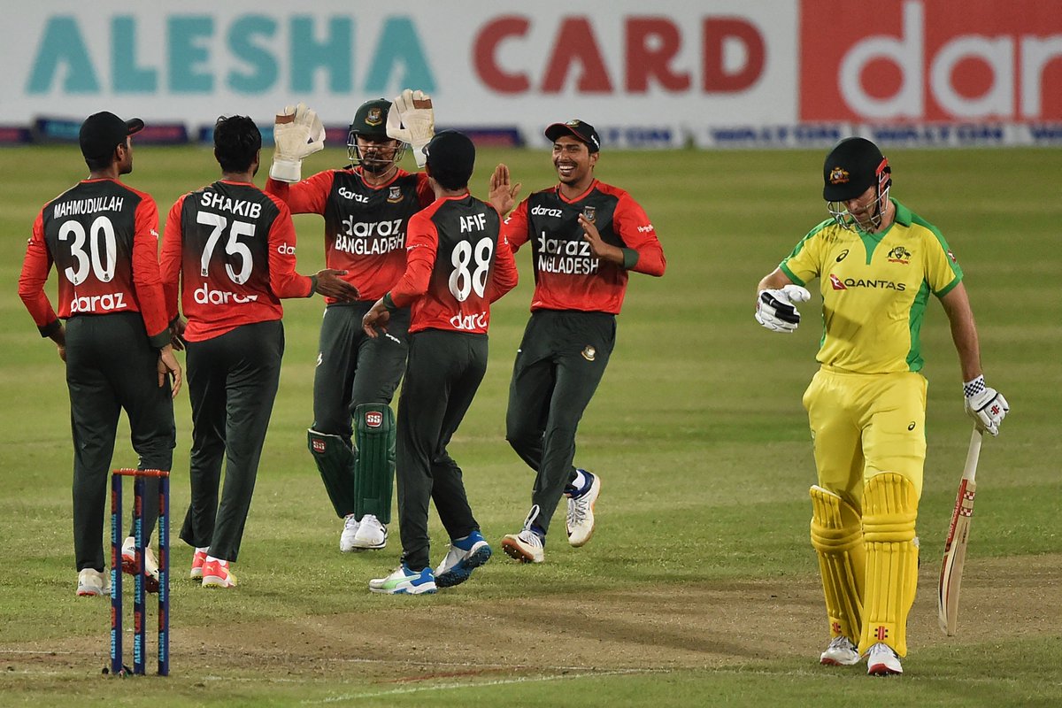 Bangladesh win their first-ever T20I against Australia ✨

Nasum Ahmed's sensational performance of 4/19 helps the hosts clinch a 23-run victory in Dhaka 👏 

#BANvAUS | bit.ly/3jhU18u