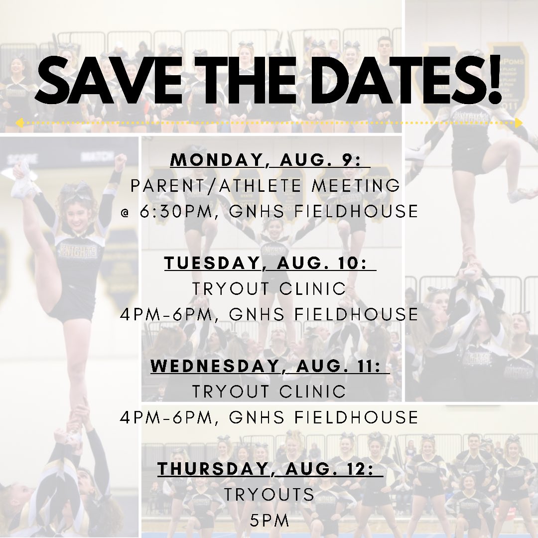 KnightsCheer1's tweet photo. Tryouts are just one week away! 🤩 SAVE THE DATES for important tryout information! Contact Head Coach Ashley Barrie for any questions at abarrie@d127.org.

#KnightsCheerFam #Tryouts #SidelineCheer #FootballSeason https://t.co/yryeYAxPLU