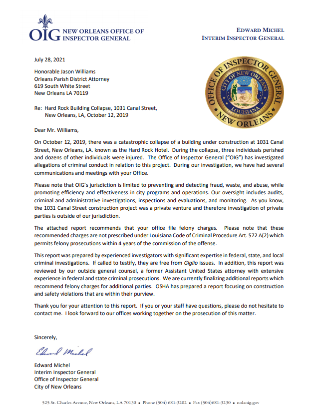 NOLAOIG's tweet photo. The New Orleans OIG released a 240 page report including 31 exhibits to the Orleans District Attorney recommending felony charges against a former City employee in connection with the Hard Rock construction site. https://t.co/G2DhxoUbz3