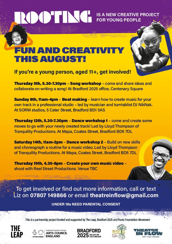 FREE opportunity for young people in Bradford: We have been exploring the history of the black community-
Now we want to create with the younger generation. 
Age 11+  
RT &amp; spread the word! 
Info on flyer.
<a href="/bradford2025/">Bradford 2025</a> <a href="/theleapBD/">The Leap</a> <a href="/ace_national/">Arts Council England</a> <a href="/bdproducinghub/">Bradford Producing Hub</a> <a href="/visitBradford/">Visit Bradford</a>