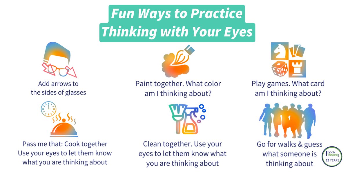 socialthinking's tweet photo. Fun ways to practice #ThinkingwithYourEyes this week! You can learn more about our Social Thinking Vocabulary through our #STLivestream https://t.co/4fYSGAEbea. Available through August 12, 2021. CE credit available for select professionals #socialthinking https://t.co/DUKtJq9sEb
