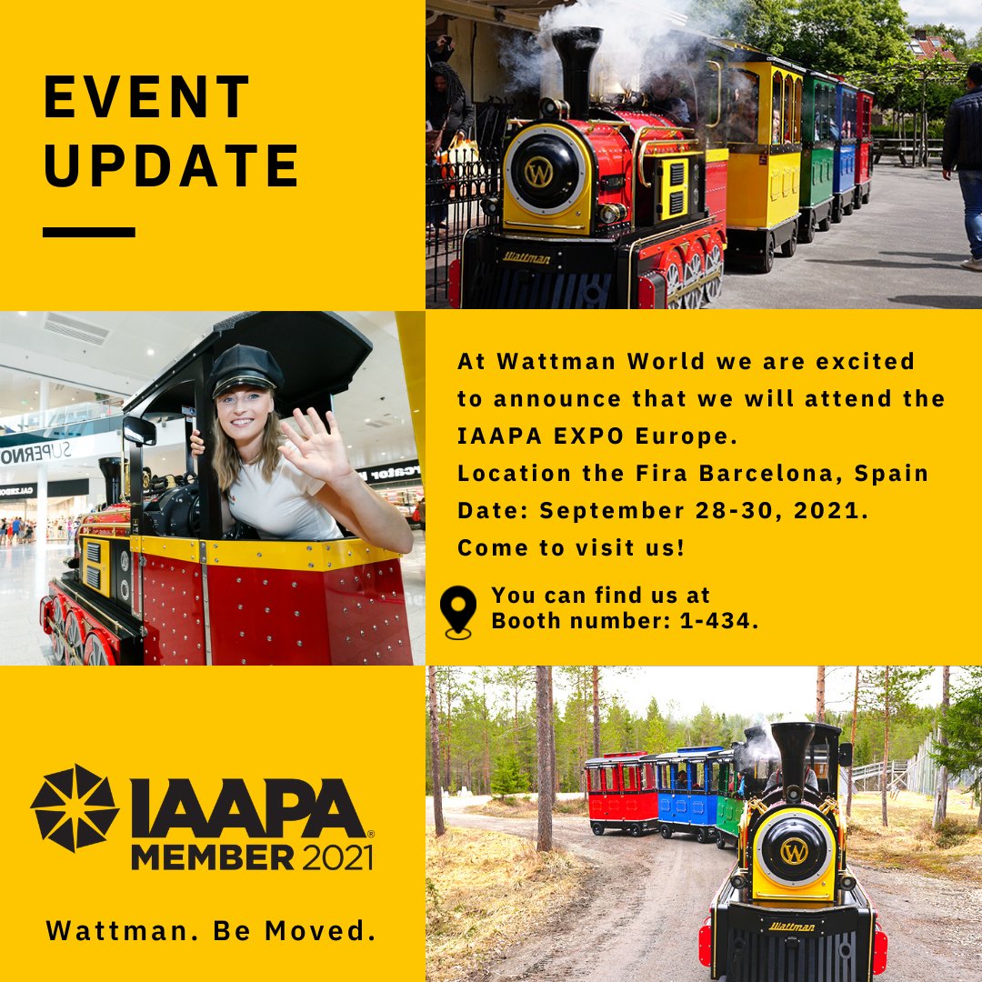 WattmanWorld's tweet photo. 🚂 The Wattman World team will be attending the IAAPA Expo in Barcelona, Spain. We are there from 28-30 September 2021. Come visit us at our booth: number 
1-434 and find out what we have in store for you this year! @IAAPAEMEA 

#WattmanWorld #IAAPAEMEA #IAAPA https://t.co/Wij7VTg6kZ