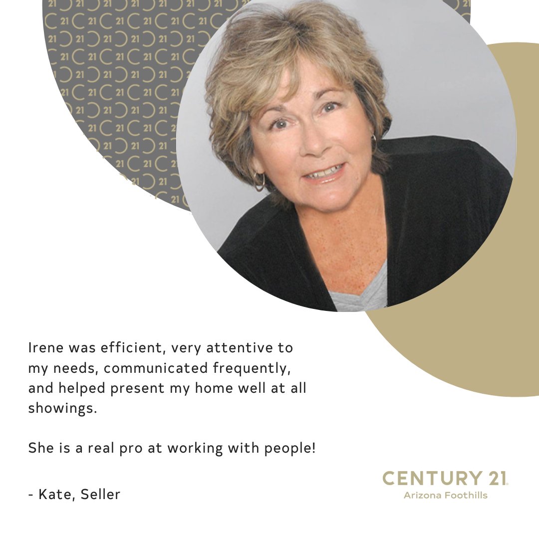 c21azfoothills's tweet photo. A real pro at working with people! Great job, Irene! #TestimonialTuesdayโ
#reviews #realsatisfied #CENTURY21 #arizonaliving #azrealestate #trust #value #realtor #motivate #quality #services #care #business #professional #work #inspiration #lifestyle #motivation #marketing https://t.co/gMSWd74ffv