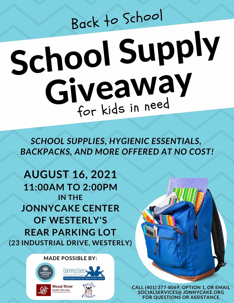 JonnycakeCenter's tweet photo. School Supply Giveaway for kids in need! 
Families with underserved school-age children can join us Aug. 16, 11am-2pm at 23 Industrial Dr. in Westerly for no-cost backpacks, school essentials, and hygiene supplies. 
Please share and spread word! 
#SustainingCommunityTogether https://t.co/pEL7UXshvf