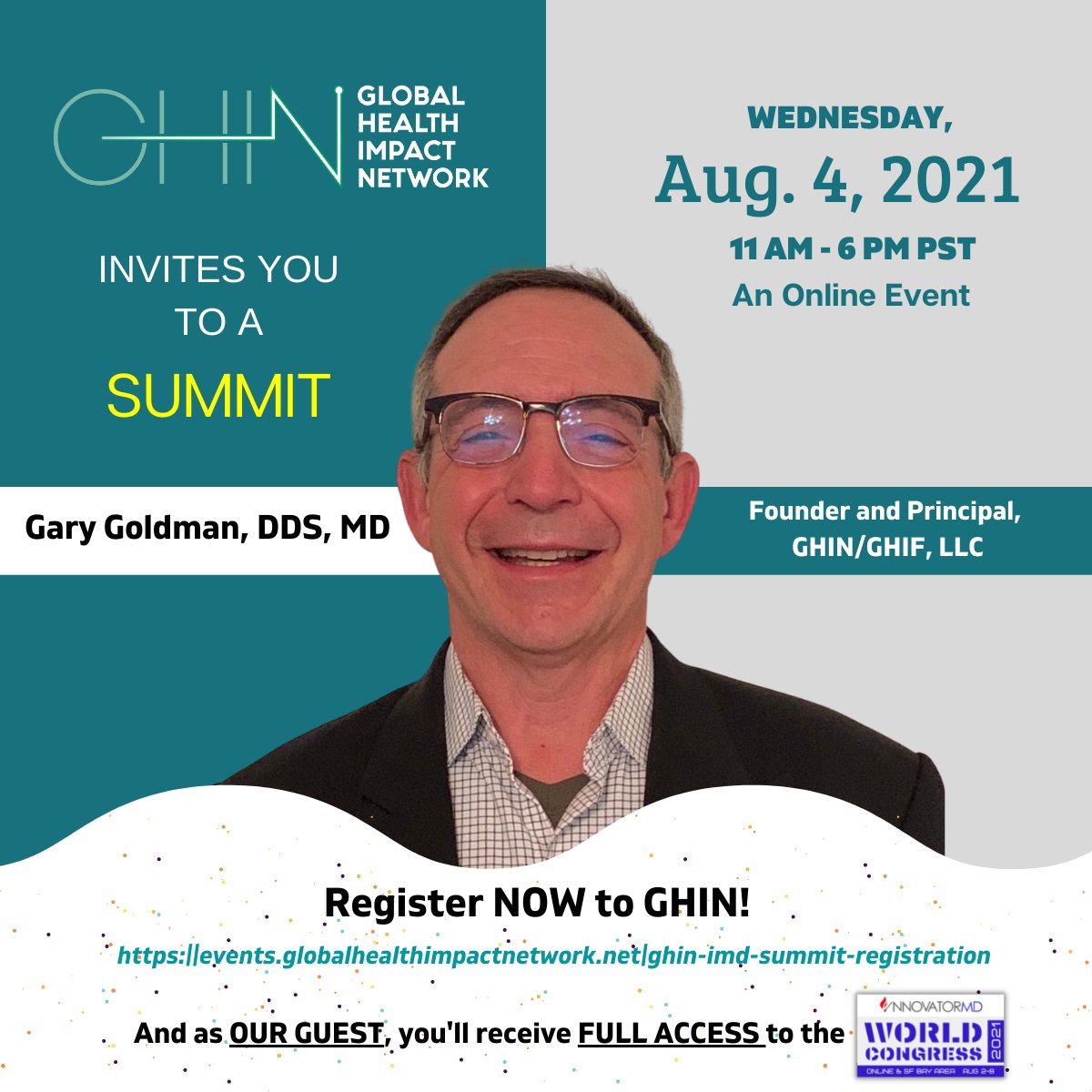 GHINetwork's tweet photo. Join our host Gary Goldman DDS MD to hear why he was compelled to found the Global Health Impact Fund and Network.

He will share his vision to create a network that promotes the active involvement of clinicians in the evolving Digital Health Revolution.

GHIN promotes collabora https://t.co/cQOTZLVk9V