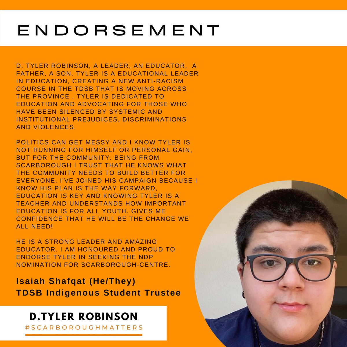 In this effort to seek the @OntarioNDP Nomination for @ScarbCentreNDP, I'm always greatful as young people engage and join our movement.  

@isaiah_shafqat, I appreciate these kind words & COMMIT to living up to the standard you speak of.
#ScarboroughMatters
🧡✊🏾✊🏽✊🏼✊🏿⚧️♀️♂️☮️🧡
