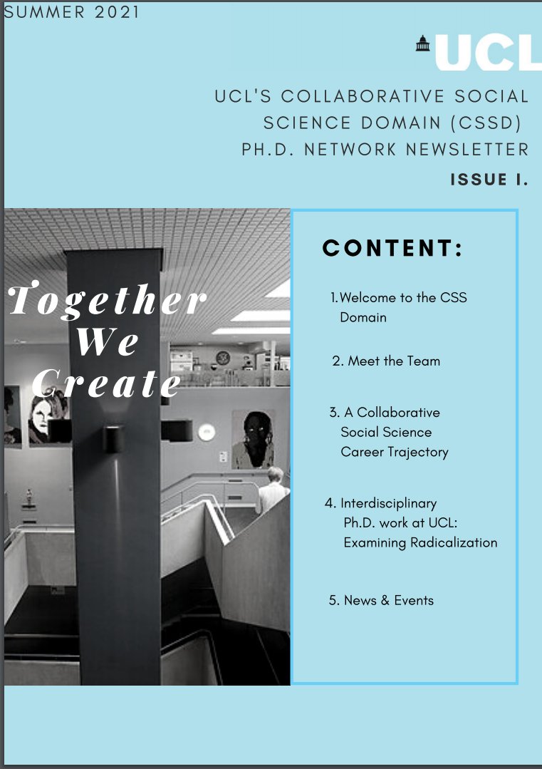 Take a look at our PhD Group's Summer 2021 Newsletter: Meet the team | Collaborative Social Science Trajectories (interview with Professor @CareyJewitt | Interdisciplinary PhD work at UCL | Latest News | Upcoming Events bit.ly/3jivSP3 @Aneeza39449220