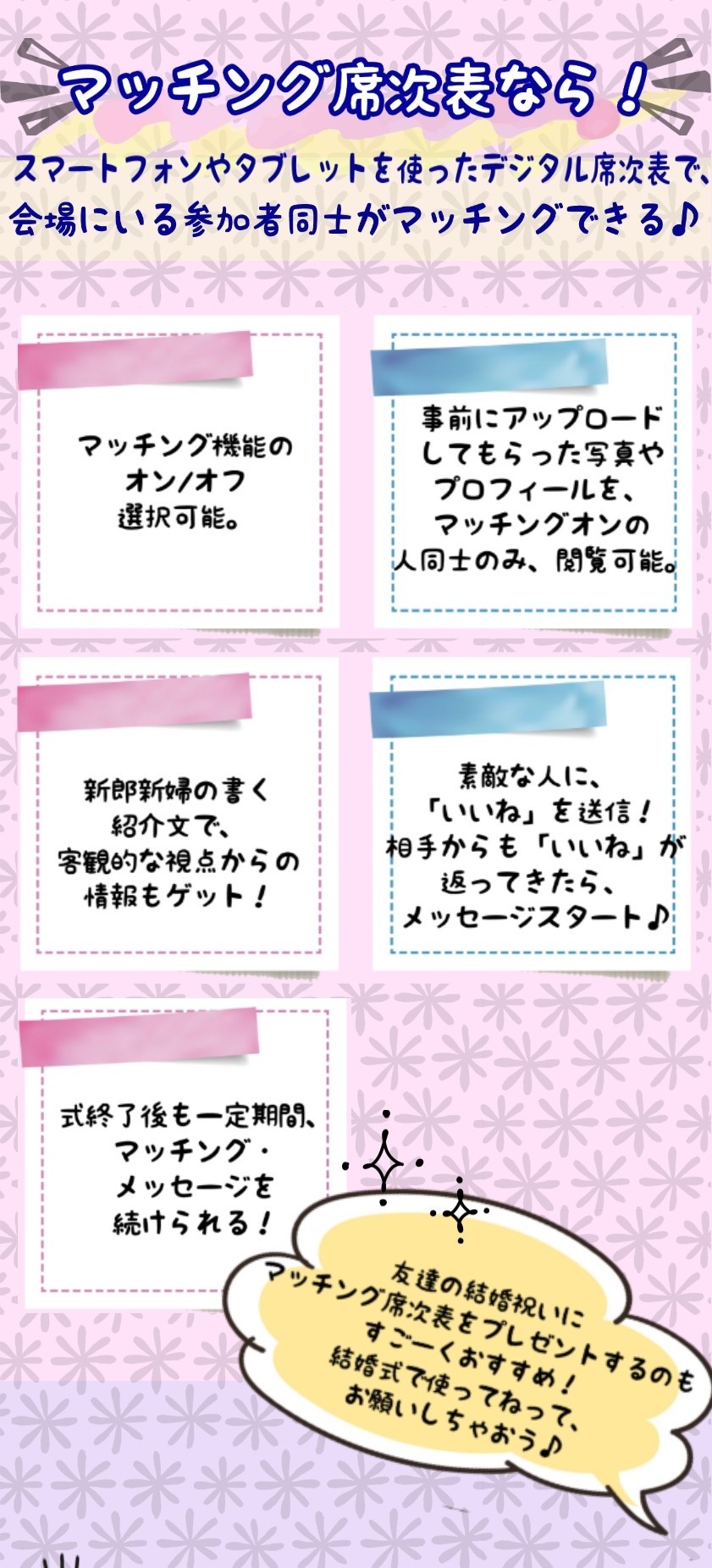 ひでシス マッチング席次表は 結婚式で新郎新婦の招待客同士が2週間等の期限付きでマッチングアプリ を楽しめるという建付けなのですが 期限なしで万人の万人に対する闘争を体験させられる一般のマッチングアプリに対するアンチテーゼとなってると思うん